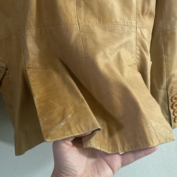 Vintage Y2K Zara Womens Tan Camel Distressed Soft Leather Jacket Coat - Picture 6 of 12